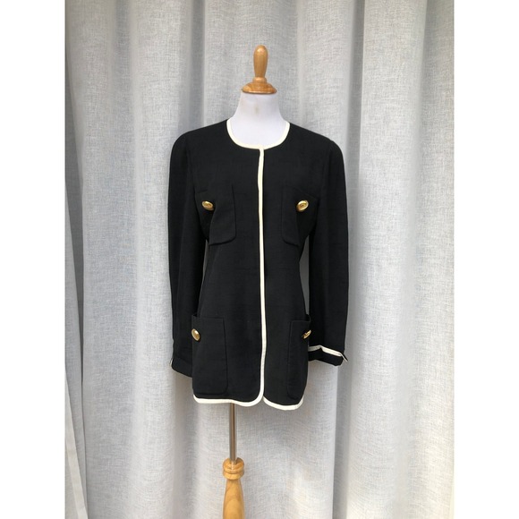 Black textured wool Italian blazer with gold buttons single breasted white trim - Picture 1 of 10